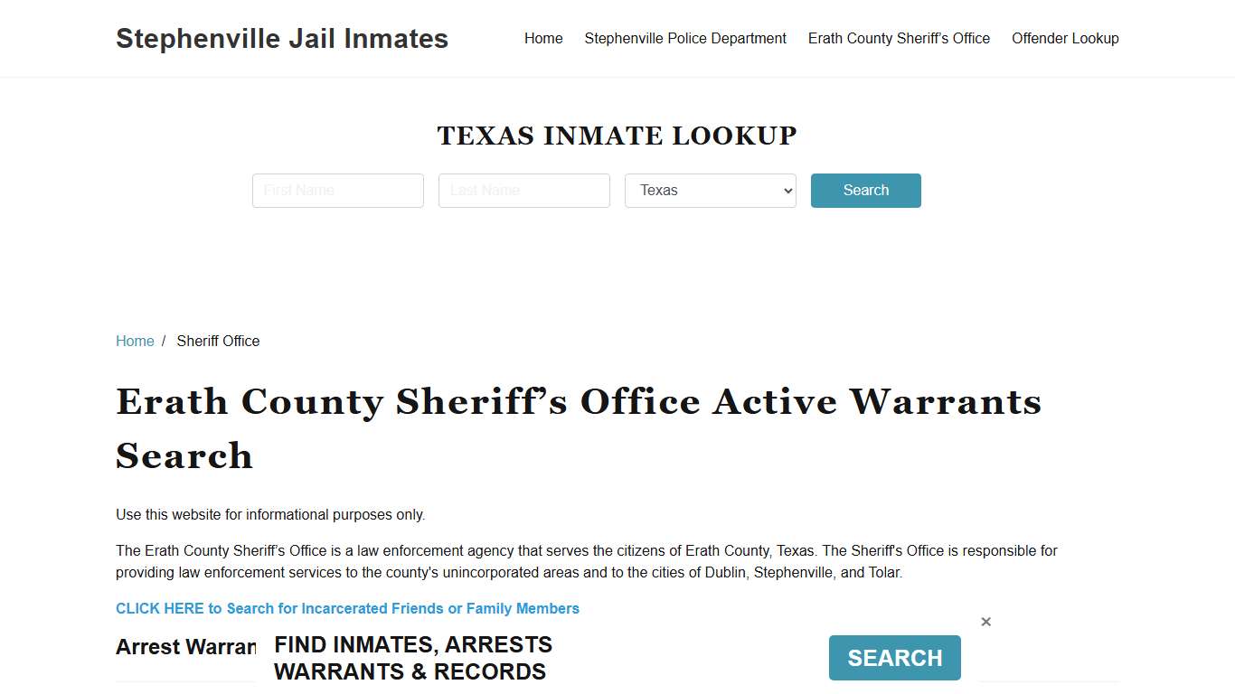Erath County Sheriff Office, TX Warrant Lookup
